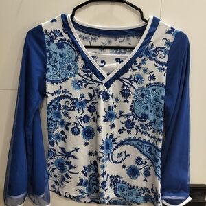 Blue and White Floral Long Sleeve Top